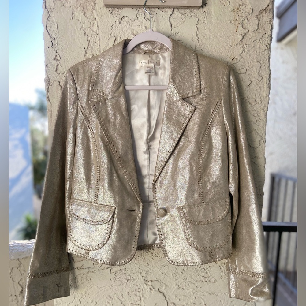 White House Black Market Champagne Leather Blazer Jacket Womens 12 euro chic